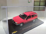 Red diecast scale model car with black hood stripe on display base
