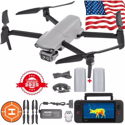 Thermal drone with controller screen, propellers, battery packs and charging cable set