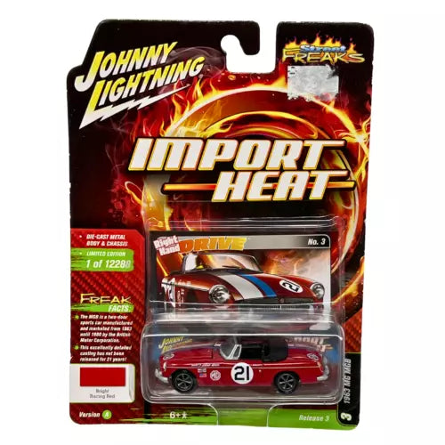 Johnny Lightning Import Heat diecast MG MGB car, red with number 21 in blister pack