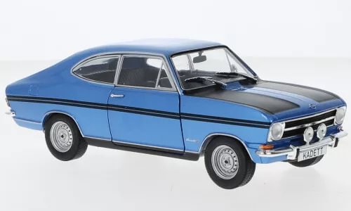 Opel Kadett B Rallye Coupe 1967 blue diecast model car, side view, 1:24