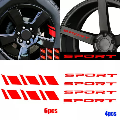 Car wheel rims with black finish and SPORT decal racing stripes set