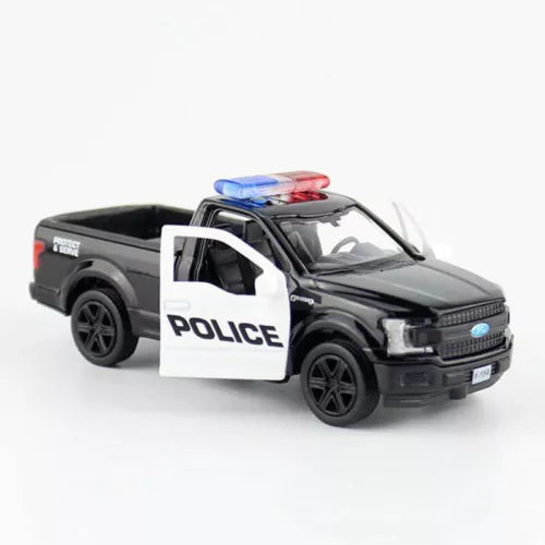 Police pickup diecast model car, front 3/4 view, door open, black and white