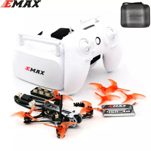 White FPV racing quadcopter with orange frame parts and EMAX logo