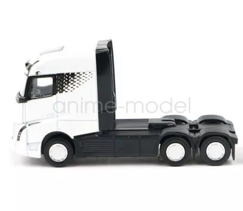 1:64 diecast heavy truck model with white cab and black flatbed chassis