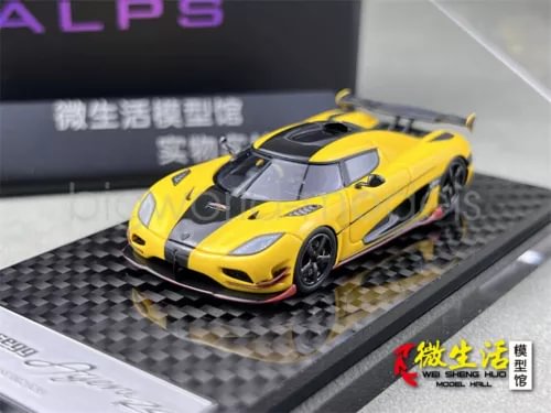 Yellow and black 1:64 scale racing sports diecast car model with display base