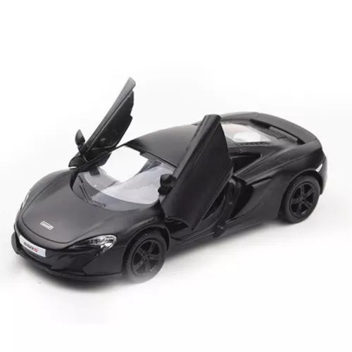 Black 1:36 scale diecast model car with open doors and detailed cockpit