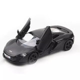 Black 1:36 scale diecast model car with open doors and detailed cockpit