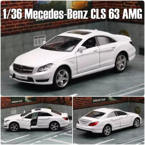 1/36 Mercedes-Benz CLS 63 AMG diecast car, white, front-side view