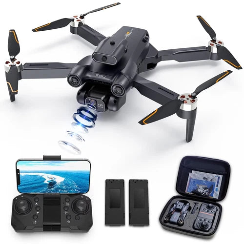 Foldable black quadcopter drone with camera, remote controller, phone display, storage case