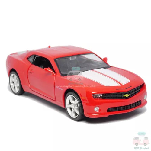 Red 1:36 diecast model Chevrolet Camaro car toy with black racing stripes