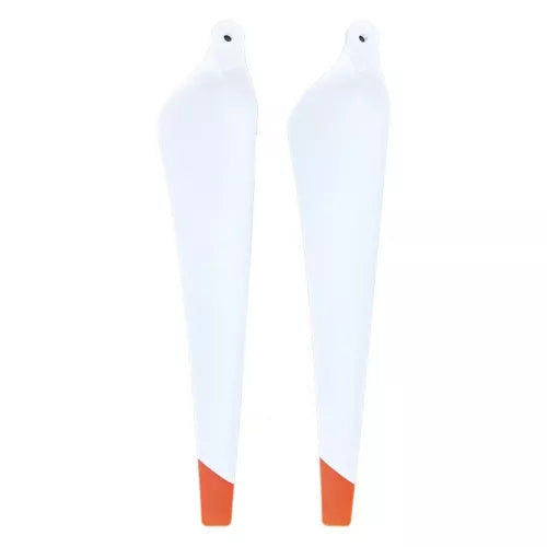 Pair of drone propellers, white blades with orange tips, circular mounting holes