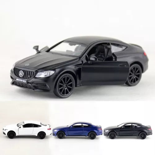 Black 1:36 scale diecast model car, front three-quarter view.