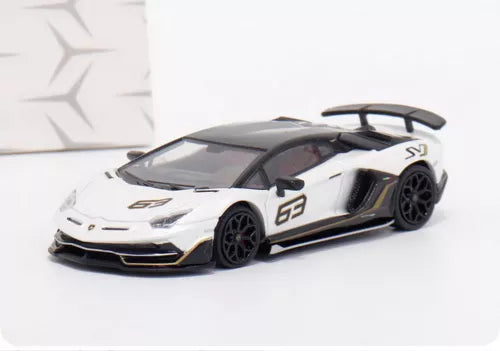 White diecast Lamborghini Aventador SVJ toy car with #63 graphics, black wheels