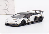 White diecast Lamborghini Aventador SVJ toy car with #63 graphics, black wheels