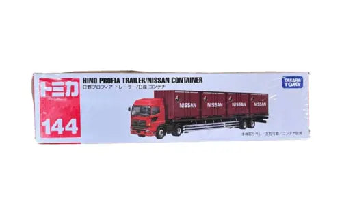 Diecast trailer and container set in box, red cab with maroon Nissan container, No.144