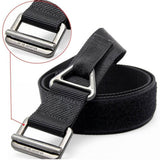 Men's tactical belt with black nylon webbing and silver metal buckle, adjustable