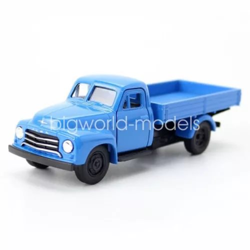 Blue 1952 diecast pull-back model truck with open cab and flatbed