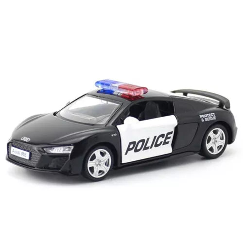 1:36 police diecast toy car, black with white stripe and red/blue light bar