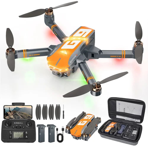 Orange GPS drone with 4K camera, foldable arms, four propellers