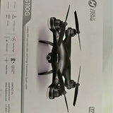 Black quadcopter drone with four propellers and camera module