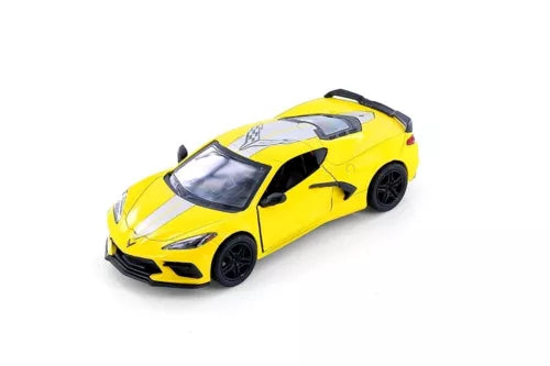 Yellow diecast toy sports car model with black wheels and hood stripes