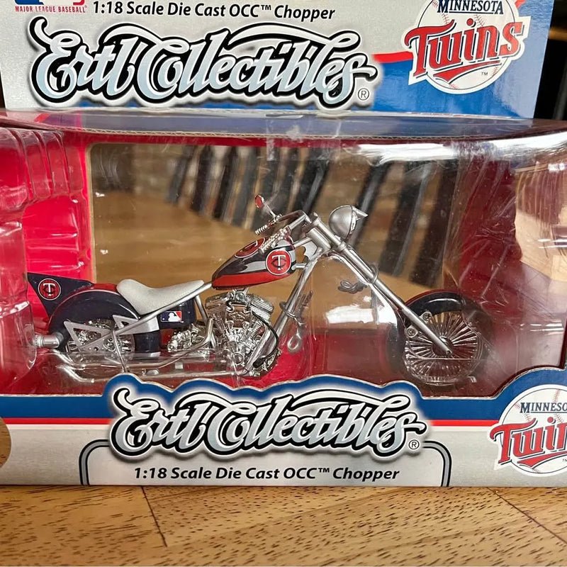 Minnesota Twins Harley Davidson diecast chopper in box, chrome bike with red base