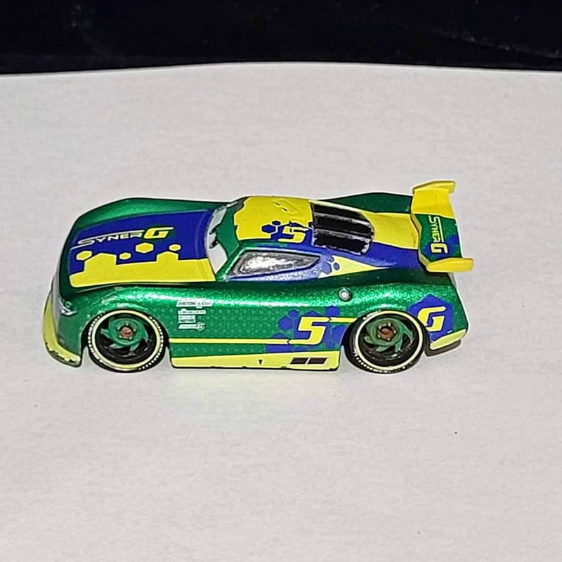 Green diecast race car with blue and yellow graphics, number 5, front view