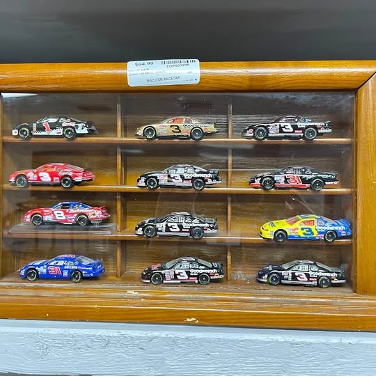 Nascar diecast racing car display with multiple model cars on shelves