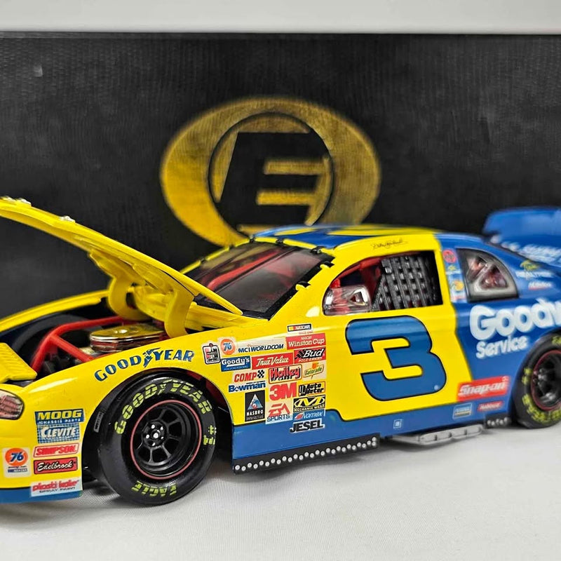 Diecast race car model with blue and yellow body, number 3, open wheels
