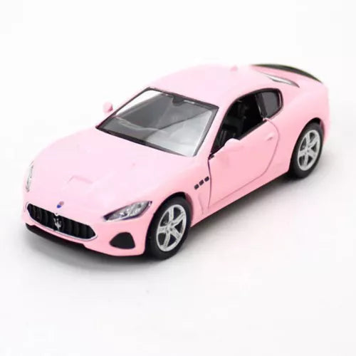 Pink 1:36 diecast model car with alloy wheels, front 3/4 view