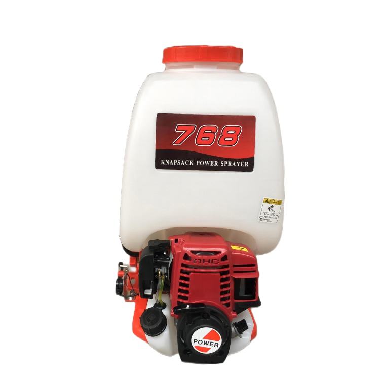 Gasoline knapsack power sprayer with white tank, red cap, and red engine unit