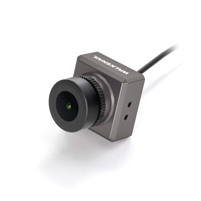 HD nano FPV camera with lens and mounting base, black with attached cable