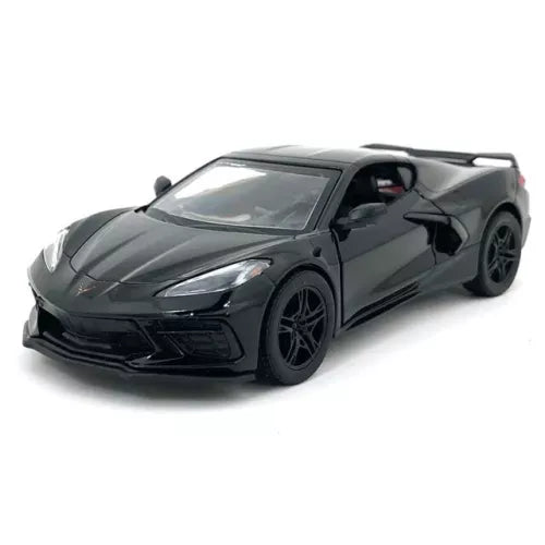 Black 1:36 scale diecast toy sports car, front three-quarter view with detailed headlights