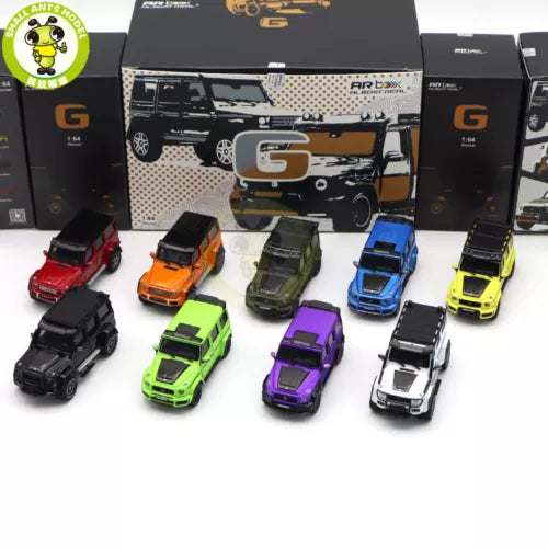 Set of 9 diecast toy cars, assorted colors, with G-class style box