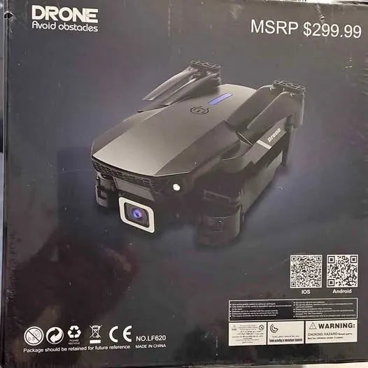 Foldable quadcopter drone with front camera, dark body and light top shell