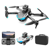 Foldable RC quadcopter drone with front camera, controller screen, and carrying case