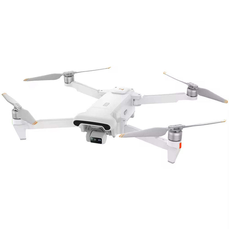 White quadcopter drone with four rotors and forward-mounted camera gimbal