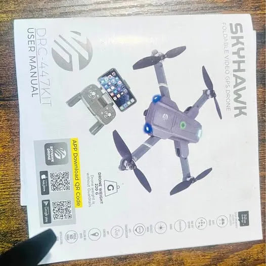 Drone accessories box with printed quadcopter, controller, and app logos