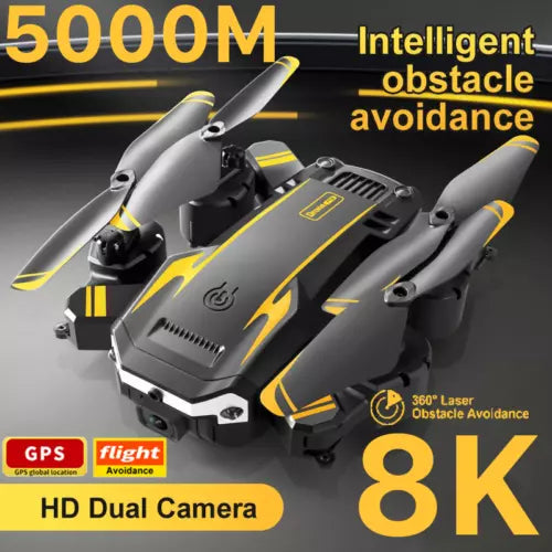 Foldable gray quadcopter drone with yellow accents, dual cameras and GPS module