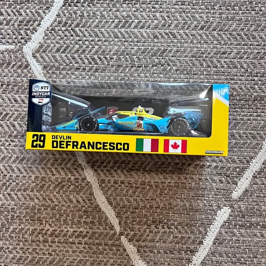 IndyCar diecast race car model in box, #29 DeVlin DeFrancesco, blue/yellow