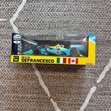 IndyCar diecast race car model in box, #29 DeVlin DeFrancesco, blue/yellow