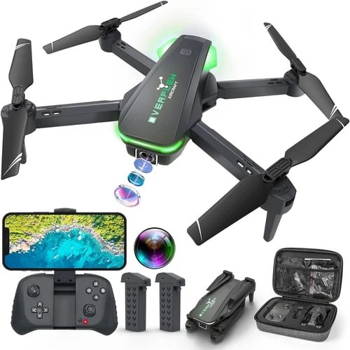 Black quadcopter drone with 1080P camera, controller and batteries in case