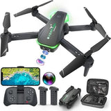 Black quadcopter drone with 1080P camera, controller and batteries in case