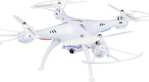 White FPV quadcopter drone with mounted camera and four propellers