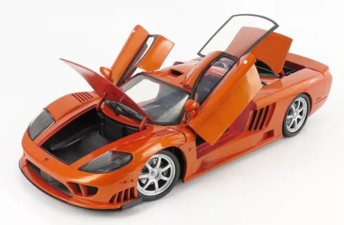 Orange diecast sports car model with open hood, black interior and silver wheels