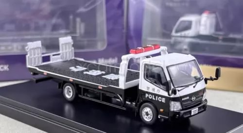 1:64 police tow flatbed diecast truck model with red lightbar, white cab and black bed