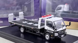 1:64 police tow flatbed diecast truck model with red lightbar, white cab and black bed