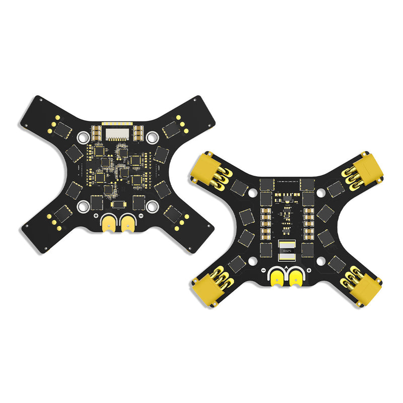 FPV 4-in-1 ESC circuit board, black PCB with yellow connectors and four arms