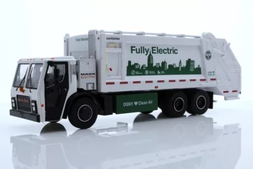 Electric garbage trash truck diecast model, white sanitation truck with side panel detail