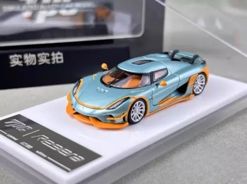 Ice blue racing sports model diecast car with orange trim and detailed wheels